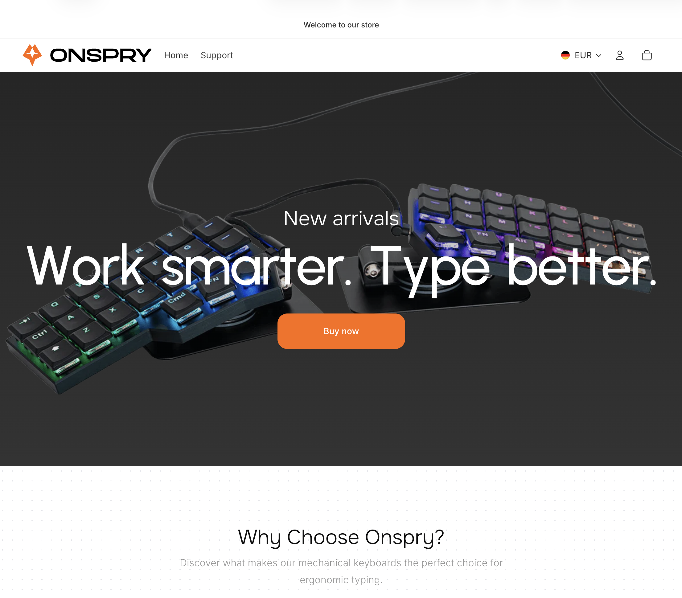 ONSPRY-Shop-Startseite mit der Produktpräsentation der Tastatur und Call-to-Action zum Kauf
